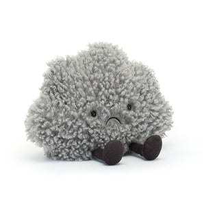 Jellycat Amuseable Storm Cloud: a plush gray cloud with a sad face, small dark feet, and super-soft fleece.