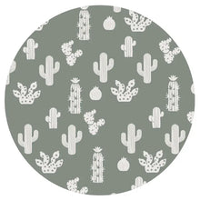 Load image into Gallery viewer, The Sleeper, Stay Sharp by Emerson and Friends features a muted green background with white cacti, reminiscent of bamboo baby pajamas.
