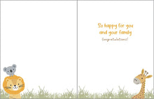 Load image into Gallery viewer, Baby Card by Gina B Designs: Lion, koala &amp; giraffe in hammock. Text: Congratulations! So happy for you and your family!.
