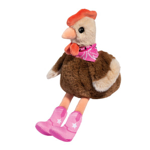 Cowgirl Chicken: tan & brown chicken stuffed animal with red top of head, light orange beak, pink bandana & pink cowboy boots.