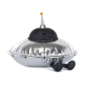 Jellycat Amuseables Jellysaucer: a plush silver UFO toy with a smile, black glitter dome, and orange-tipped landing legs.