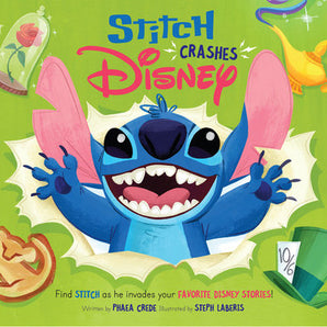 Stitch crashes through green with large purple ears flared, mouth wide in excitement on Random Houses Disney book cover.
