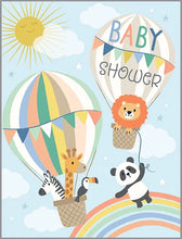 Load image into Gallery viewer, Gina B Designs Baby Card: Glittery animals (lion, giraffe, zebra, toucan, panda) in hot air balloons float among sun and clouds.
