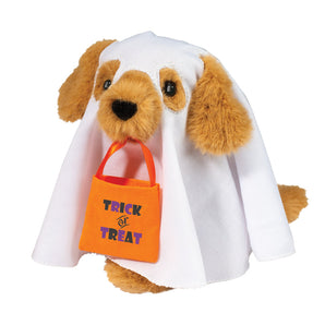 Ghostly Golden Retriever: fluffy tan dog stuffed animal wearing a white sheet like a ghost with orange "Trick or Treat" bag in mouth.
