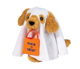 Ghostly Golden Retriever: fluffy tan dog stuffed animal wearing a white sheet like a ghost with orange "Trick or Treat" bag in mouth.