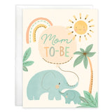 Baby Card, Mom To Be: card with elephant, sun, and palm tree illustration with text "Mom To-Be," and white envelope.