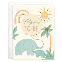 Load image into Gallery viewer, Baby Card, Mom To Be: card with elephant, sun, and palm tree illustration with text "Mom To-Be," and white envelope.
