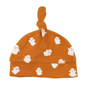 Organic Knotted Hat, Ghosts: orange beanie hat with white ghost pattern and knot top.