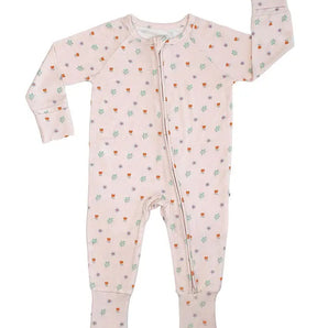 Cream-colored bamboo onesie from Emerson and Friends, Sweet Blooms; floral pattern, buttery soft, with a two-way zipper.
