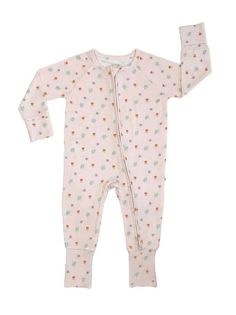 Cream-colored bamboo onesie from Emerson and Friends, Sweet Blooms; floral pattern, buttery soft, with a two-way zipper.