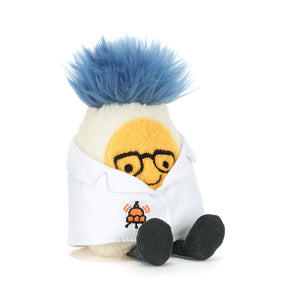 Jellycat Amuseables Boiled Egg Scientist—plush toy in lab coat, blue hair, glasses, with embroidered turtle icon.