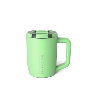 Muv 15oz, Kiwi: bright green insulated mug with lid and silver Brumate logo.