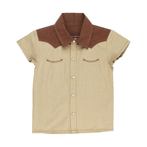 Western Button-Up Shirt: tan and brown western style button up shirt; made of 100% organic cotton.