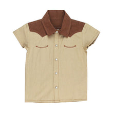 Load image into Gallery viewer, Western Button-Up Shirt: tan and brown western style button up shirt; made of 100% organic cotton.

