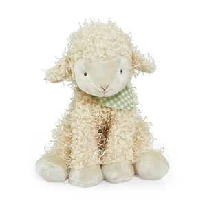 Shep the Sheep: shaggy cream sheep stuffed animal with green & white checkered bandana.