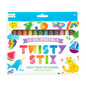 Twisty Stix: Oil Pastels: blue & white box with colorful drawings; text "ooly 12 Oil Pastels Twisty Stix: Easy Twist-Up Barrel for Less-Mess."