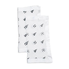 Load image into Gallery viewer, Lulujo Inc.s Security Blanket, Soccer: two sheer 100% cotton scarves with soccer ball and triangle patterns, ideal as muslin blankets.
