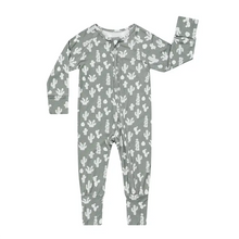 Load image into Gallery viewer, Sleeper, Stay Sharp by Emerson and Friends: Gray onesie with white cacti, fold-over sleeves, two-way zipper, long sleeves, footless.
