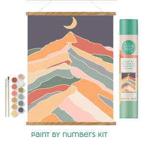 Paint By Number Kit, Night Desert: hanging desert canvas, 2 brushes, 12 acrylic paints; green tube packaging with The Good Seed Co logo.