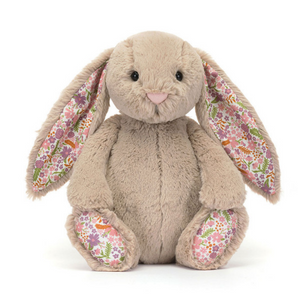 Jellycat, Blossom Bunny Petal: a plush bunny with floppy ears and floral details, sitting upright on a white background.