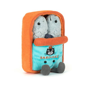 Jellycat Amuseables Sardine Tin: two plush sardines in a cute, embroidered tin with a playful cat face.