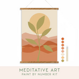 Paint By Number Kit, Desert Sunset: canvas with desert, plant, & sun, 2 brushes, & 8 acrylic paints. Text "Meditative Art Paint By Number Kit."