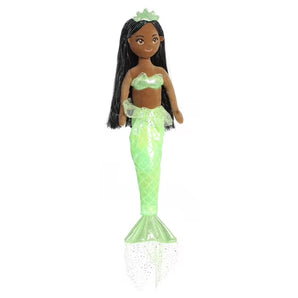 Aurora Sea Sparkles Ella: mermaid doll with long black hair, green crown, shimmery green tail, and matching shiny top.