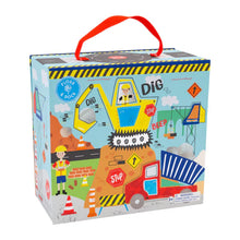 Load image into Gallery viewer, Floss and Rocks Play Box with Wooden Pieces, Construction: perfect for imaginative play with digger, worker, and tool illustrations.
