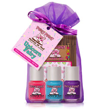 Load image into Gallery viewer, The Piggy Paint Unicorn Fairy gift set includes three colorful, non-toxic, water-based nail polishes and unicorn nail art in a purple sheer bag.
