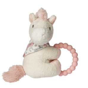 Mary Meyer Giddy Up Pony Teether Rattle: plush pony with pink mane, soft scarf, safe teether ring & gentle rattle inside.