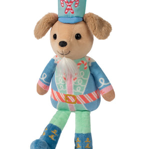 Peppermint Prince Pup: tan puppy stuffed animal with white beard tuft, green, blue, pink, & red candy cane themed outfit, & blue hat.