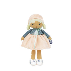 Janod Juratoys Tendresse, Chloe K Doll Large: a cuddly fabric doll with light hair, a pink hat, a grey bolero jacket, and a pink skirt.