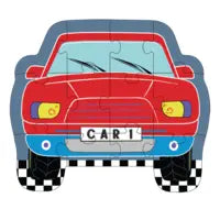 Load image into Gallery viewer, The Floss and Rock 12 Piece Puzzle features a red car with CAR 1 plate on a checkered background, enhancing cognitive skills.
