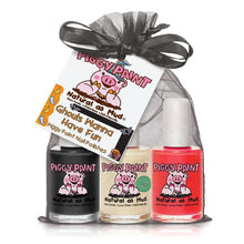 Load image into Gallery viewer, Piggy Paints Ghouls Wanna Have Fun gift set includes 3 kid-safe polishes in black, white, red, plus a mesh bag and themed tag.
