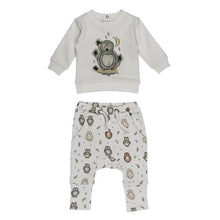 Load image into Gallery viewer, Organic Sweatshirt &amp; Jogger Set, Owl Hoo?: gray sweatshirt with owl illustration, and gray joggers with owl &amp; moon print.
