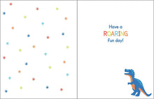 Load image into Gallery viewer, This Gina B Designs Birthday Card, Dino features colorful stars, a blue dinosaur, red foil accents, and Have a ROARING fun day! text.
