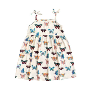 Sundress, Butterflies: cream dress with tie shoulder straps and colorful butterfly pattern; made of bamboo viscose.