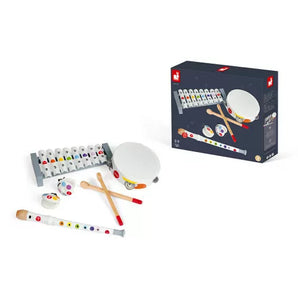 The Janod Juratoys Confetti Musical Set includes a xylophone, drum, recorder, two drumsticks, and a music card. Perfect for role-play, it inspires musical creativity and comes neatly arranged in its vibrant packaging.