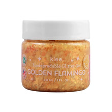 Load image into Gallery viewer, Golden glitter gel jar labeled Klee Naturals Biodegradable Glitter Gel Golden Flamingo, 30 ml/1 oz, with eco-friendly symbols.
