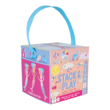 Load image into Gallery viewer, The Stack and Play, Fantasy toy box by Floss and Rock has a blue handle, wooden pieces, playful images, and is for ages 2+.
