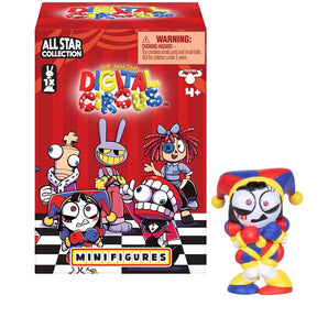 The Amazing Digital Circus Mystery Box: red box with colorful illustrations & "The Amazing Digital Circus" logo next to a vinyl figure.