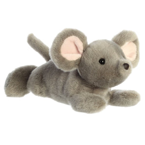 Aurora's Mini Flopsie Missy Mouse is a gray plush with big pink ears, black eyes, a long tail, and lies on its belly.