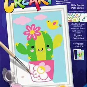 Paint by Number, Little Cactus: dark blue box with photo of cactus illustration, paints, & brush; Text “CreaArt 7+ Little Cactus 1 set."