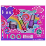 Pinwheel Love Makeup Kit, Swirling Purple: nail polish, lip balm, and glitter shown in a colorful pink & purple box with rainbows.