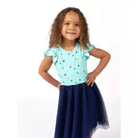 Load image into Gallery viewer, A curly-haired girl smiles in Emerson and Friends Twirl Dress, Baseball Buddies.

