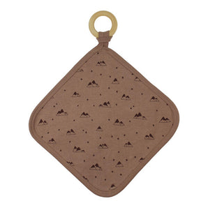 Organic Lovey, Latte Mountain: brown square lovey with mountain pattern attached to wooden ring.