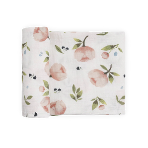 Little Unicorn Organic Cotton Swaddle, Watercolor Floret—sweet shower gift in pink peach & green leaf muslin print.