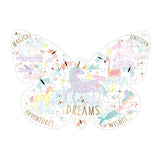 Floss and Rocks 80 Piece Fantasy Puzzle: butterfly shapes with unicorns, birds, and stars to spark kids adventurous dreams.