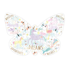 Load image into Gallery viewer, Floss and Rocks 80 Piece Fantasy Puzzle: butterfly shapes with unicorns, birds, and stars to spark kids adventurous dreams.
