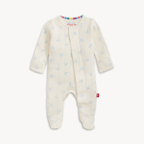Magnetic Me Footie Airplanes: cream organic cotton, blue prints, long sleeves, footed legs. Brand: Magnetic Me.